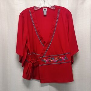 NWT JW Junction West Women's M Red Embroidered Wrap Top Sequin‎ Beaded